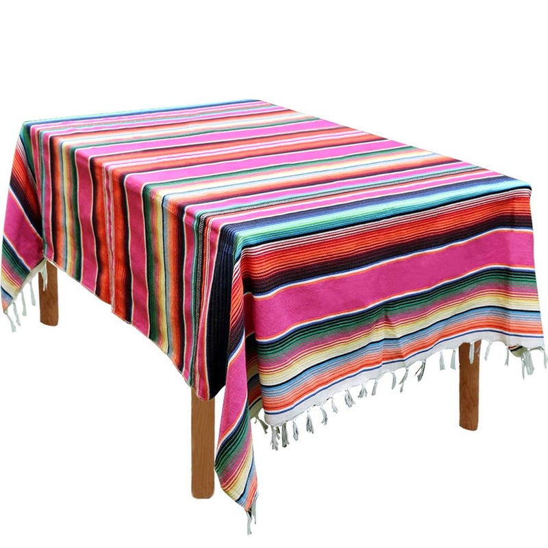 Fowecelt Mexican Serape Blanket Tablecloth 59 x 84 Inch for Mexican Party Wedding Decorations Outdoor Picnics Dining Table, Large Square Fringe Cotton Handwoven Table Cloth - Image 1